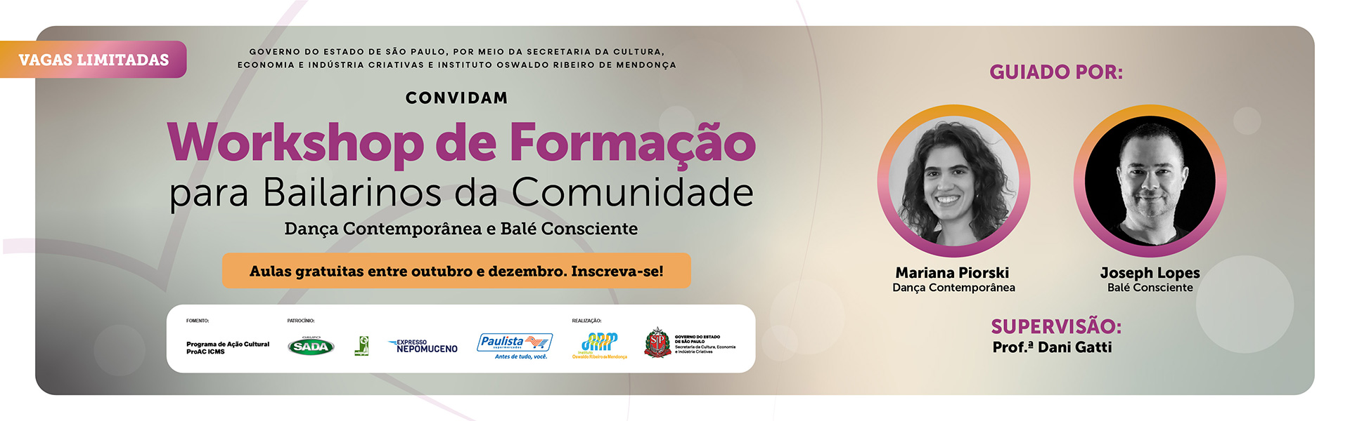 Workshop de Formação para Bailarinos da Comunidade — Dança Contemporânea e Balé Consciente. Inscrições gratuitas.
